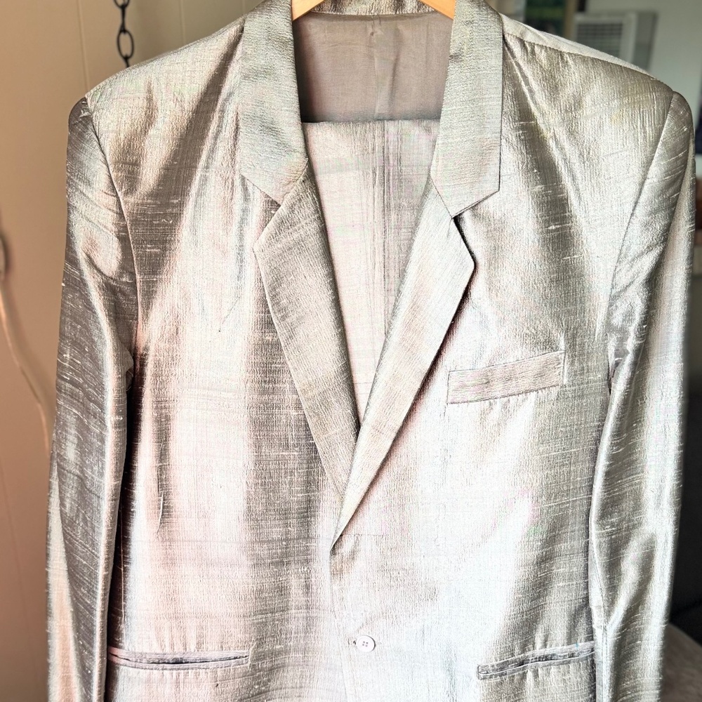 Vintage 1980s silver silk suit